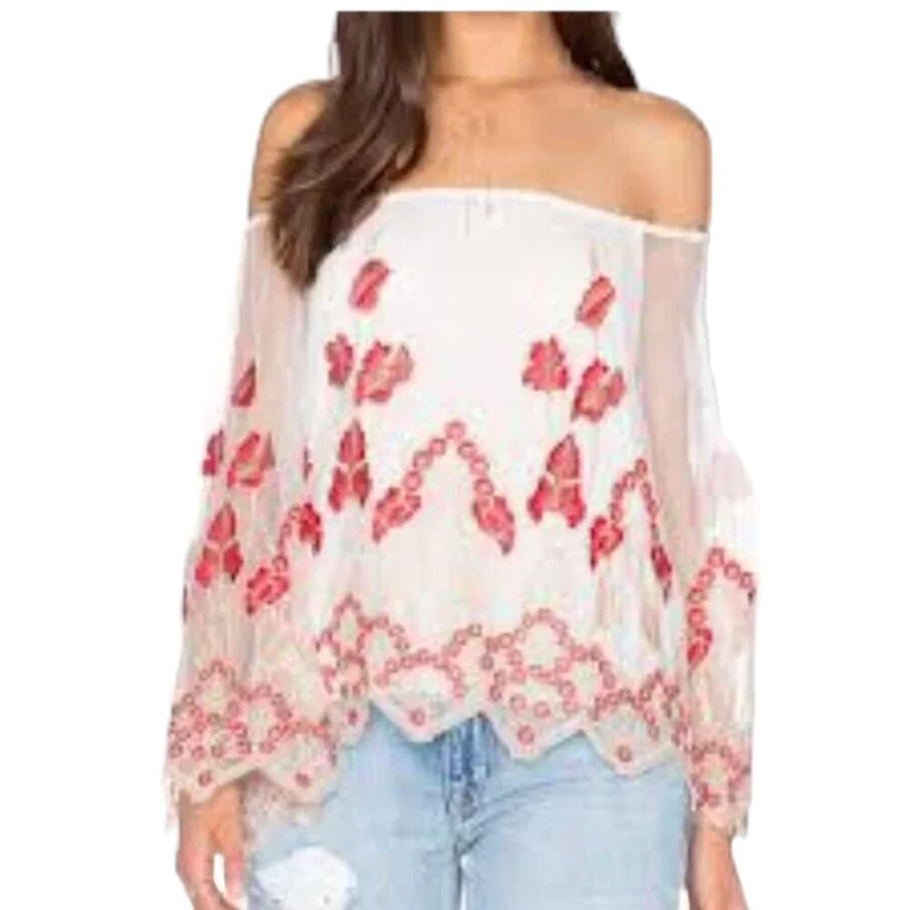 Alice + Olivia Women's Priya Off Shoulder Silk Embroidered Blouse Size Small